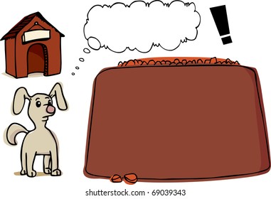 Illustration of a small dog with thought bubble, his kennel and a very large bowl of dog food.