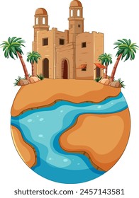 Illustration of a small earth with a desert oasis.