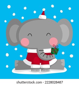 Ilustración de un elefante pequeño vestido como Santa Claus y con un regalo en el maletero

