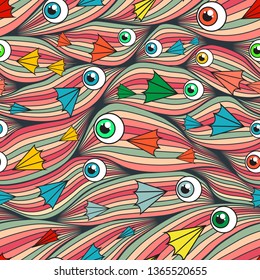 Illustration of small fish. Fish swim tightly, head to head, tail to tail. Vector seamless illustration.