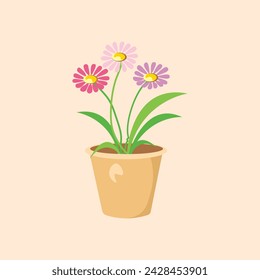 Ilustración de una pequeña maceta con flores rojas y rosas en flor