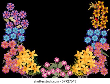 Illustration mit kleinen Blumen, halber Rahmen einzeln auf schwarzem Hintergrund