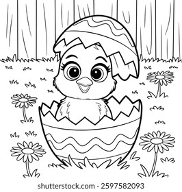 An illustration of a small, fluffy chick breaking out of an Easter egg