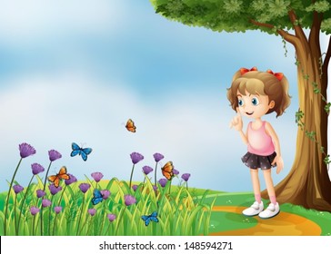 Illustration of a small girl above the hill with a garden