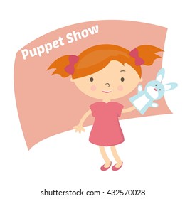 Illustration small girl with hand puppet toy. Vector