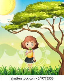 Illustration of a small girl near the big tree