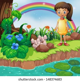 Illustration of a small girl at the riverbank with mushrooms