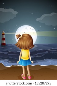 Illustration of a small girl watching the fullmoon at the beach