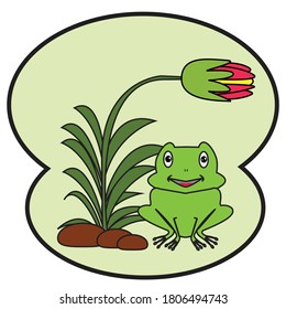 Illustration of small green frog under a flower tree