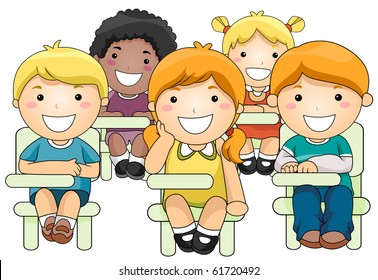 Illustration of a Small Group of Children Inside a Classroom - Vector