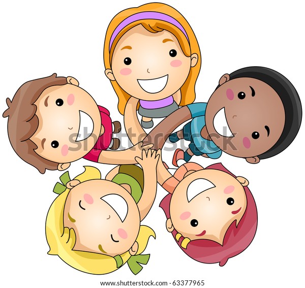 Ilustración de un pequeño grupo de niños que se unen a las manos