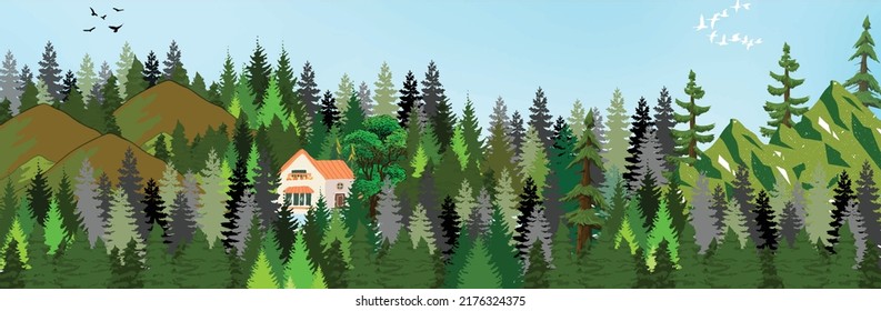 Illustration of a small house in a forest. Set for decoration, wallpaper, backdrop, painting and others
