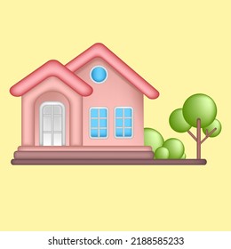 Illustration Of A Small House Front View, 3D Cartoon Isolated On A Yellow Background Suitable For Animation Design, Illustration Or Collection