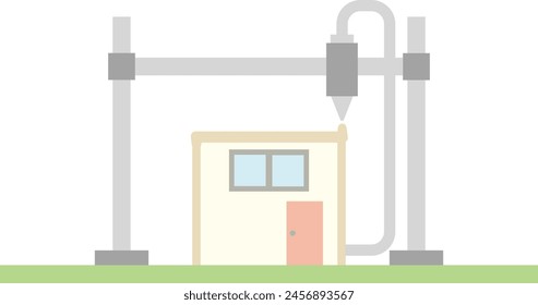 Illustration of a small house with a triangular roof being constructed using a 3D printer