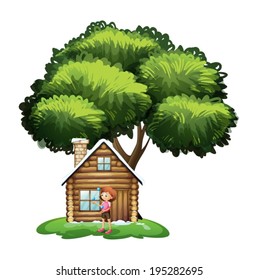 Illustration of a small house under the tree with a girl outside on a white background