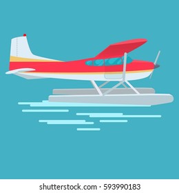 
Illustration of small hydroplane landed on water, decorative elements, side view.
Flat design aviation. 