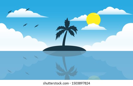 illustration of a small island in the middle of the sea with beautiful views accompanied by flying birds,nature background,nature wallpaper