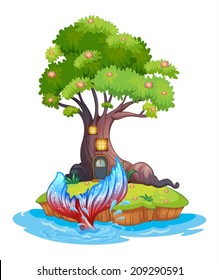 Illustration of a small island with tree house