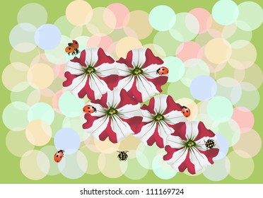 ilustración con pequeños ladybugs en flores rojas y blancas