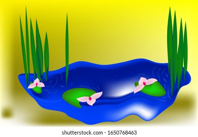 illustration of a small lake with bulrush leaves and pink aquatic flowers, on a yellow background