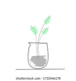 illustration of small line art. Green leaves in a watery pot