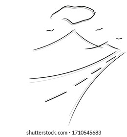 illustration of small line art. landscape, mountain, cloud, bird, road