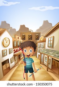 Illustration of a small man holding a bow and an arrow near the saloon bars