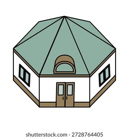 Ilustração de um pequeno edifício polivalente encontrado em um parque ou instalação pública.