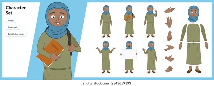 Illustration of a small Muslim child, wearing traditional clothing in a set of multiple poses. Easy to edit with editable line strokes and isolated on white background. Suitable for animation.