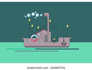 Illustration small pig on the ship in the sea