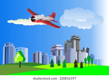 Illustration of small plane fly above city and countryside