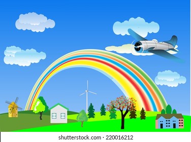 Illustration of small plane fly above village and rainbow