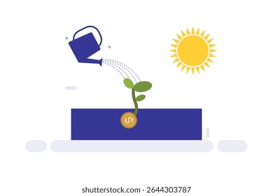 Illustration of a small plant growing from a coin featuring a dollar symbol in a blue rectangular pot. A blue watering can pours water onto the plant