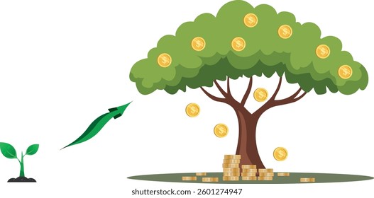 Illustration of a small plant growing into a money tree, symbolizing financial growth, investment success, wealth creation and business development, for banking, finance, and entrepreneurship themes