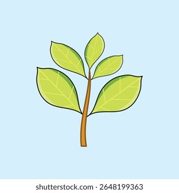 Illustration of a small plant with six green leaves and a brown stem on a light blue background, suitable for nature, growth, environment and eco-friendly design themes.