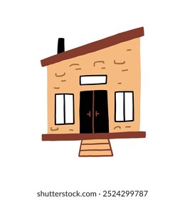 An illustration of a small, quaint house featuring basic architectural elements, including windows, doors, and a chimney, conveying simplicity and charm