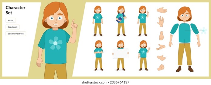 Illustration of a small red headed child, wearing casual clothing in a set of multiple poses. Easy to edit with editable line strokes and isolated on white background. Suitable for animation.