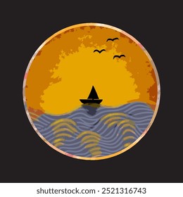 Ilustración de un Pequeño barco en medio del mar y la puesta del sol