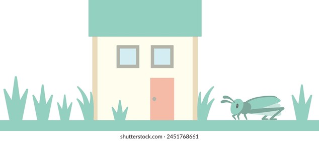 Illustration of a small square house with weeds growing around it and grasshoppers