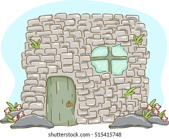 Illustration of a Small but Sturdy House Built with Adobe Bricks with a Mini Garden in Front