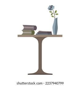Ilustración de una pequeña mesa con libros, revistas y flores en jarrón.