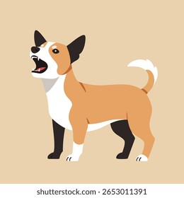 Ilustração de um pequeno cão bronzeado e branco com orelhas pretas e pernas latindo contra um fundo bege, mostrando humor vivo e expressivo.