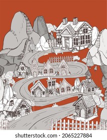 illustration of a small town in the mountains
