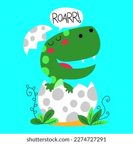 Illustration of a small t-rex dinosaur that hatches from the egg and makes a roar, design for t-shirt. Vector illustrations