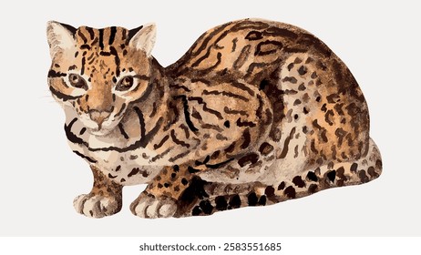 Illustration of a small wild cat with a spotted coat. The cat has large eyes and a sleek body. The artwork highlights the cat's unique pattern and graceful form. Vintage animal illustration vector.