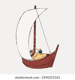 Illustration of a small wooden sailboat with a large white sail. Two figures wearing hats are on board. The boat is simple and stylized in design. Vintage art painting vector.