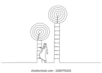 Illustration of smart arab businessman about to climb up ladder to achieve short term goal. Metaphor for focus on short term goal to achieve long term success. Single line art style
