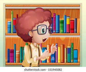 Illustration of a smart boy at the library