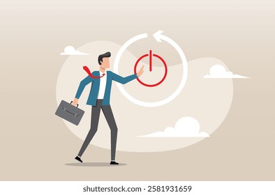 An illustration of a smart businessman carefully reaching his finger to press the reboot or restart button. Time to reboot business or restart new journey; change to improve outcome concept