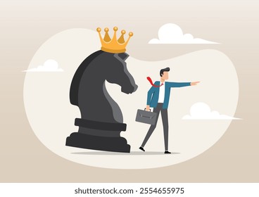 An illustration of smart businessman pointing finger to direct chess knight with king crown. Strategy to win business competition business challenge or tactic to overcome obstacle concept